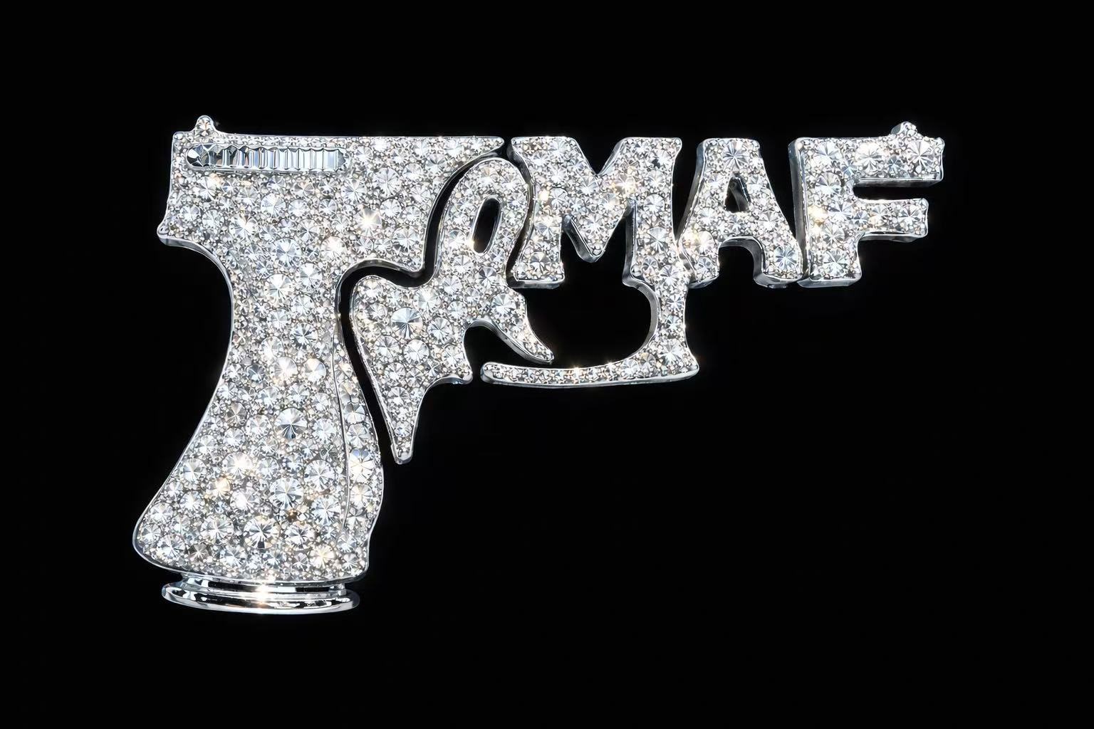 Diamond-encrusted MAF emblem on a black background