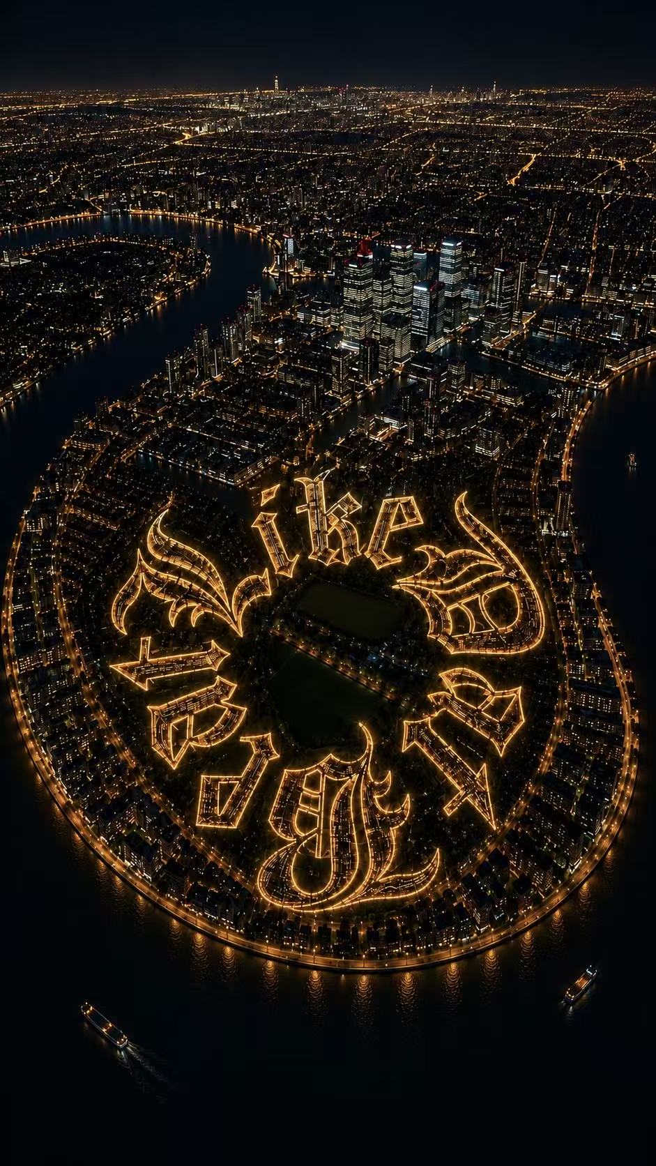Beat Like Dat lettering illuminated across a city at night